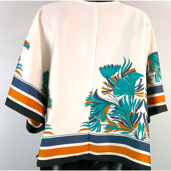 Nine West Wrap Silky Blouse Women's XXL Navy Blue Cream Side Tie Kimono Style - Picture 6 of 11